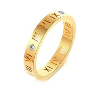 KnBoB Women's Simple Stainless Steel Ring, 3.5 mm, Silver/Gold/Rose Gold, Roman Numerals with White Cubic Zirconia, Wedding Rings, Engagement Rings