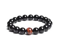 KNDSSMY 10mm Natural Stone Handmade Beaded Bracelet unisex, Black Agates with Single Red yellow Tiger Eye Stone Stretch Bracelet, Couple Bangle Birthday Valentine red 10mm