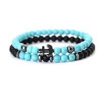 KNDSSMY 2Pcs Handmade Natural Stone Beaded Bracelet Unisex, 6mm Blue Turquoise Black Matte Onyx Adjustable Stretch Bracelet with Anchor Charm Fashion Couple Bangle 6mm