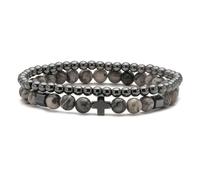 KNDSSMY 2Pcs Men Natural Stone Handmade Beaded Bracelet with Cross Charm, 6mm Gray Map Stone 4mm Hematite Stone Adjustable Stretch Bracelet for Men Boys 6mm
