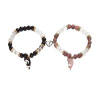 KNDSSMY 2Pcs Natural Stone Handmade Beaded Bracelet, 8mm Black Matte Pink Rhodonite Stretch Bracelet with Cat Charm Unisex Fashion Magnetic Couple Bangle 8mm