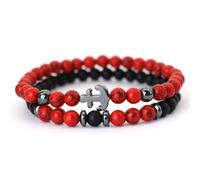 KNDSSMY 2Pcs Natural Stone Stretch Beaded Bracelet Unisex, 6mm Red Turquoise Black Matte Onyx Adjustable Couple Bracelet with Anchor Charm Stylish and Charming 6mm