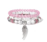 KNDSSMY 3Pcs/Set Natural Stone Stretch Bracelet for Women Men, Adjustable Handmade Beaded Bracelet with Angel Wing Charm Yoga Bangle Stylish and Charming Pink Cat Eye