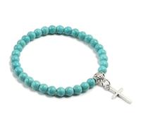 KNDSSMY Natural Stone Handmade Beaded Bracelet Unisex, 6mm Blue Turquoise Adjustable Stretch Bracelet with Cross Charm Fashion Couple Bangle Birthday Valentine 6mm