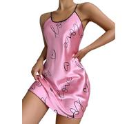 KNDSSMY Sexy Lingerie Nightdress for Women Scoop Neck Spaghetti Strap Slip Sleepdress Heart Print Nightwear Backless Nightdress Adjustable Strap Pink L