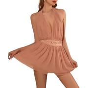 KNDSSMY Sexy Lingerie Women Slip Nightwear Translucent Lace Babydoll Nightdress Mesh Backless Chemise, V Neck Lace Cami Nightdress, Woman Very Sexuality Sleepwear Pink L