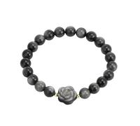 KNDSSMY Simple Style Natural Stone Handmade Beaded Bracelet, 8mm Silver Obsidian Stretch Bracelet with Carve Rose Flower Charm for Women Fashion Party Bangle 8mm