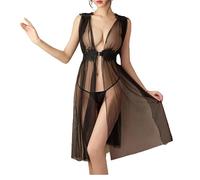 KNDSSMY Women's Sexy Lingerie Sleepwear Deep V-Neck Front Slit Nightwear Transparents Lace Tulle Babydoll Nightdress Long Plus Size Nightdress Black 3XL