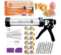 KneadEat 68-Piece Spritz Cookie Press, Churro Maker, Frosting Piping Kit | 304 Stainless Steel 3-in-1 baking tool, 12 discs, 48 icing tips, XL filler & piping bag for churros, cookies, cake decorating