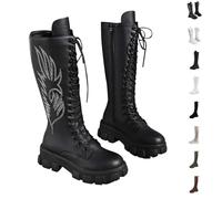 Knee High Black Boots Women Womens Knee High Boots - British Style Leather Waterproof Chunky Heel, Lace up Boot Anti-Slip for Everyday Wear or Party Ladies Ankle Size 4