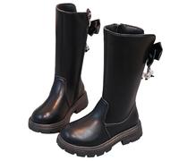 Knee High Boots Bow Flower Wide Calf Zipper Mid-Calf Leather Boots Solid Color Comfortable Flat Student Shoes Non-Slip Sole Outdoor Shoes Casual Breathable Footwear