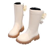 Knee High Boots Bow Flower Wide Calf Zipper Mid-Calf Leather Boots Solid Color Comfortable Flat Student Shoes Non-Slip Sole Outdoor Shoes Casual Breathable Footwear