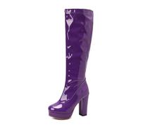 Knee High Boots for Women Chunky Heel Platform Booties Glossy Patent Leather Zip Up Tall Dress Boots 4.33"