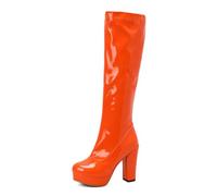 Knee High Boots for Women Chunky Heel Platform Booties Glossy Patent Leather Zip Up Tall Dress Boots 4.33"