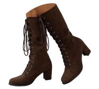 Knee High Boots for Women Chunky Low Heel Tall Boots | Faux Suede, Round Toe, Lace Up Mid Calf Slouch Boots Dressy Fall Winter Long Medieval Renaissance Chunky Heel Halloween Costume Witch Shoes