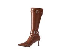 Knee High Boots for Women Pointed Toe stiletto Heel Sexy Zipper Rivet Buckle Strap Leather Mid Calf Long Boots Solid Color Waterproof Non Slip Booties for Party Evening or Dating Waer Shoes