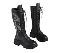 Knee High Boots for Women UK Ladies Lace Up Embroidered Leather Boots Chunky Heels Shoes Non-Slip Western Round Toe Trendy Versatile Thick Bottom Boot Stylish Classic Fashion Outdoor Motorcycle Boot