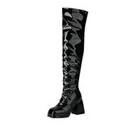 Knee High Boots for Women UK Ladies Leather Fleece Lined Boots Block Mid-Heel Shoes Non-Slip Western Square-Toed Thick Bottom Boot with Side Zipper Stylish Classic Fashion Outdoor Leather Boot