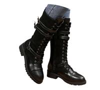 Knee High Boots for Women UK Women's Knee High Riding Combat Boots Lace Up and Zip Riding Boot with Buckles Round Toe Denim Leather Chunky Low Heels Boot Vintage Combat Walking Long Booties