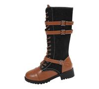Knee High Boots for Women UK Women's Knee High Riding Combat Boots Lace Up and Zip Riding Boot with Buckles Round Toe Denim Leather Chunky Low Heels Boot Vintage Combat Walking Long Booties