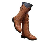 Knee High Boots for Women UK Women's Knee High Riding Combat Boots Lace Up and Zip Riding Boot with Buckles Round Toe Denim Leather Chunky Low Heels Boot Vintage Combat Walking Long Booties
