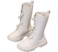 Knee High Boots Girls Lace Up Riding Mid Calf Combat Boots Leather Waterproof Fall Winter Side Zipper Punk Goth Boot Cowgirl Fleece Lined Solid Fashion Punk Non Slip