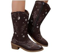 Knee High Boots Slip-on Durability Pointed Toe Booties Mid-Calf Zip-up Low Heel Shoes for Wedding Outside Dancing Black Cowboy Boots