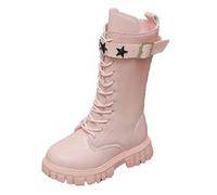 Knee High Boots Wide Calf Zipper with Elastic Pull On Low Flat Heel Shoes with Buckle Strap Print Non-Slip Lace-up Shoes Solid Color Leather Soft Bottom Boots Pink