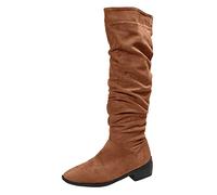 Knee High Boots Women,Chunky Block Heel Pull on Womens Knee High Boots with Stretch Panel Suede Leather Comfy Travel Work Daily Dating Essentials Fashion Autumn Winter Slouch Women's Shoes