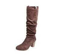 Knee High Boots Women,Chunky Block Heel Pull on Womens Knee High Boots with Stretch Panel Suede Leather Comfy Travel Work Daily Dating Essentials Fashion Autumn Winter Slouch Women's Shoes