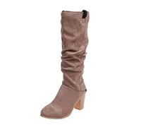 Knee High Boots Women,Chunky Block Heel Pull on Womens Knee High Boots with Stretch Panel Suede Leather Comfy Travel Work Daily Dating Essentials Fashion Autumn Winter Slouch Women's Shoes