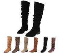Knee High Boots Women,Chunky Block Heel Pull on Womens Knee High Boots with Stretch Panel Suede Leather Comfy Travel Work Daily Dating Essentials Fashion Autumn Winter Slouch Women's Shoes