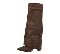 Knee High Boots Women Fold Over Pointed Toe Knee High Boots Chunky High Heels Tall High Zip up Dress Long Cute Fashion Dressy Sexy Trendy Heel Booties Boots Brown Footwear Size 5