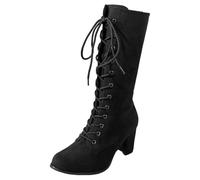 Knee High Boots Women,Ladies Chunky Block Heel Lace Up Mid Calf Combat Biker Boots Fall Winter Chunky Mid Heels Suede Boot Lace Up And Zip Riding Shoes Vintage Walking Long Booties