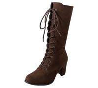 Knee High Boots Women,Ladies Chunky Block Heel Lace Up Mid Calf Combat Biker Boots Fall Winter Chunky Mid Heels Suede Boot Lace Up And Zip Riding Shoes Vintage Walking Long Booties