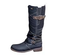 Knee High Boots Women Low Heel Chunky Block Comfortable Riding Long Boots | Square Toe Pull On Riding Long Boots Chunky Low Heel Casual Vintage Rivet Club Trendy Motorcycle Festival Spring Summer Fall
