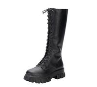 Knee High Boots Women Platform Lace Up Side Zipper Fashion Boots Round Toe Low Heel Biker Boots Autumn Winter Solid Color Leather Womens Boots Anti-Slip Premium Quality Walking Boots