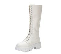 Knee High Boots Women Platform Lace Up Side Zipper Fashion Boots Round Toe Low Heel Biker Boots Autumn Winter Solid Color Leather Womens Boots Anti-Slip Premium Quality Walking Boots