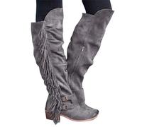 Knee High Boots Women Silver Zipper Mid Chunky Heel Thigh High Boots Lightweight Outdoor Brown Cowboy Boots Premium Quality Fashion Classic Non Slip Ladies Warm Shoes Round Toe Walking Boots