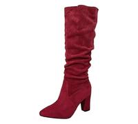 Knee High Boots Women Slouchy Suede Slouch Mid Calf Boots Wide Calf Kitten Heel Pointed Toe Pull On Long Boot Winter Comfortable Casual Work Shoes