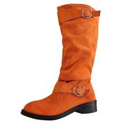 Knee High Boots Women Suede Pleated Chunky Thick Soled Booties Faux Fur Lining Side Zipper Knee High Buckle Boots Suitable for Autumn and Winter Outfits(Saffron,43)