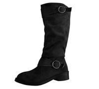 Knee High Boots Women Suede Pleated Chunky Thick Soled Booties Faux Fur Lining Side Zipper Knee High Buckle Boots Suitable for Autumn and Winter Outfits(Black,43)