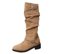 Knee High Boots Women Suede Pleated Chunky Thick Soled Booties Faux Fur Lining Side Zipper Knee High Buckle Boots Suitable for Autumn and Winter Outfits(Khaki,43)