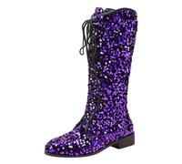 Knee High Boots Women - Women Mid Calf Boots Pattern Fashion Sequin Decoration Lace Up Thick Heels Low Heels Comfortable Shoes for Ladies