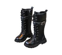 Knee High Boots Zipper with Elastic Pull On Low Flat Heel Wide Calf Shoes with Buckle Strap Print Non-Slip Lace-up Shoes Solid Color Leather Soft Bottom Boots Black