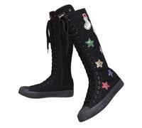 Knee High Canvas Shoes for Women Thigh High Emo Sneakers for Girls Platform Boots Punk Sexy Demonias Gothic High Top Long Plimsolls Flats(Pure Black with Colorful Star 5)