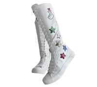 Knee High Canvas Shoes for Women Thigh High Emo Sneakers for Girls Platform Boots Punk Sexy Demonias Gothic High Top Long Plimsolls Flats(Pure White with Colorful Star 6)