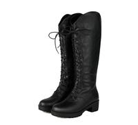 Knee High Lace Up Chunky Platform Lug Sole Motorcycle Boot for Women | Low Heel Back Zip Biker Army Combat Military Boots Flat Long Boots Synthetic Leather Mid Calf Boots