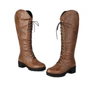 Knee High Lace Up Chunky Platform Lug Sole Motorcycle Boot for Women | Low Heel Back Zip Biker Army Combat Military Boots Flat Long Boots Synthetic Leather Mid Calf Boots