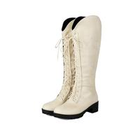 Knee High Lace Up Chunky Platform Lug Sole Motorcycle Boot for Women | Low Heel Back Zip Biker Army Combat Military Boots Flat Long Boots Synthetic Leather Mid Calf Boots